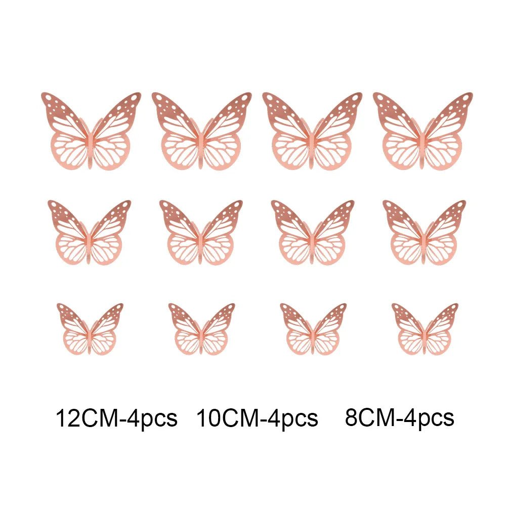 12Pcs 3D Hollow Butterfly Wall Stickers Gold Rose Gold Silver Butterflies Stickers for Wedding Birthday Home Room Decorations - Koda Click Chile