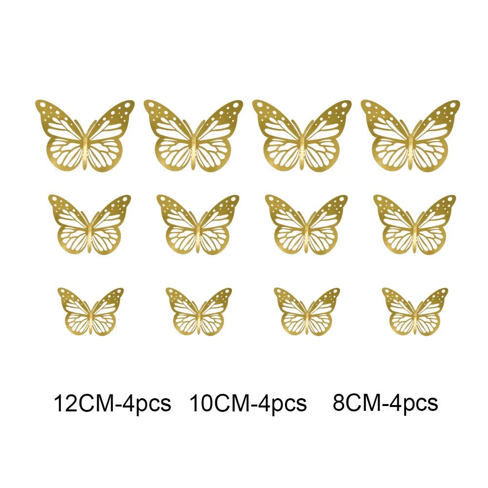 12Pcs 3D Hollow Butterfly Wall Stickers Gold Rose Gold Silver Butterflies Stickers for Wedding Birthday Home Room Decorations - Koda Click Chile