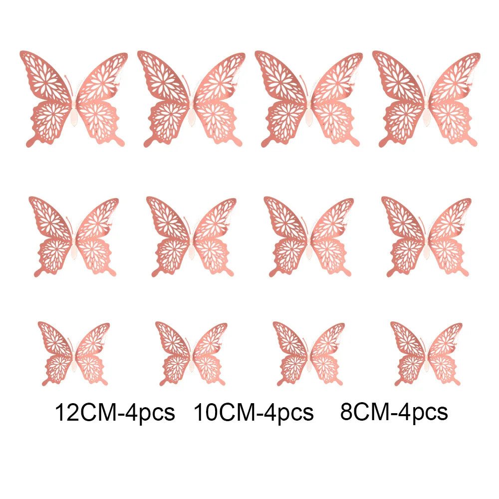 12Pcs 3D Hollow Butterfly Wall Stickers Gold Rose Gold Silver Butterflies Stickers for Wedding Birthday Home Room Decorations - Koda Click Chile