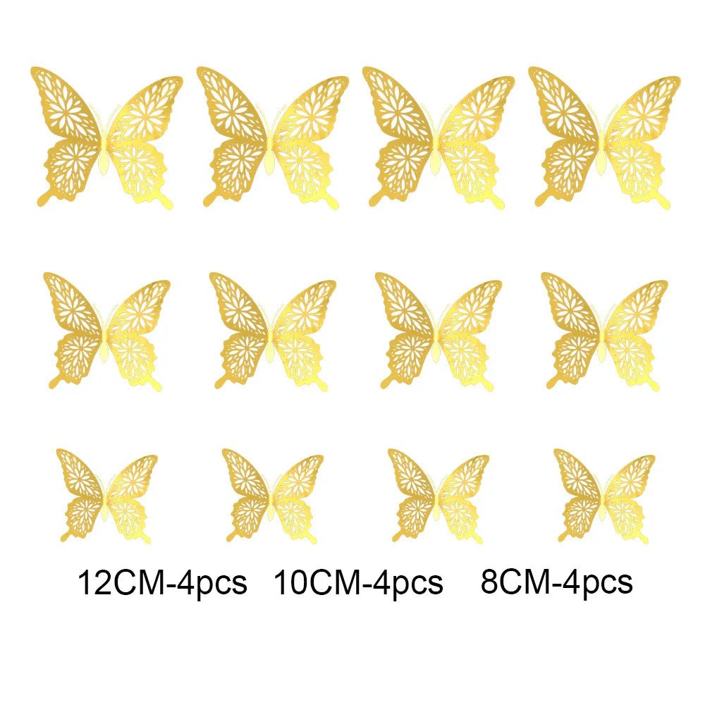 12Pcs 3D Hollow Butterfly Wall Stickers Gold Rose Gold Silver Butterflies Stickers for Wedding Birthday Home Room Decorations - Koda Click Chile