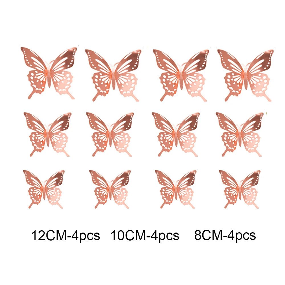 12Pcs 3D Hollow Butterfly Wall Stickers Gold Rose Gold Silver Butterflies Stickers for Wedding Birthday Home Room Decorations - Koda Click Chile