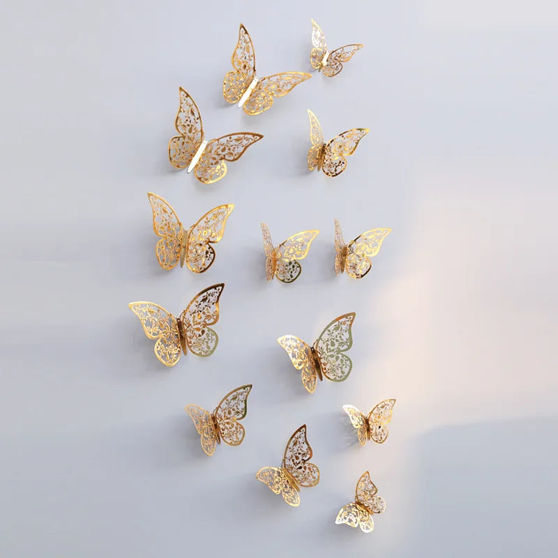 12Pcs 3D Hollow Butterfly Wall Stickers Gold Rose Gold Silver Butterflies Stickers for Wedding Birthday Home Room Decorations