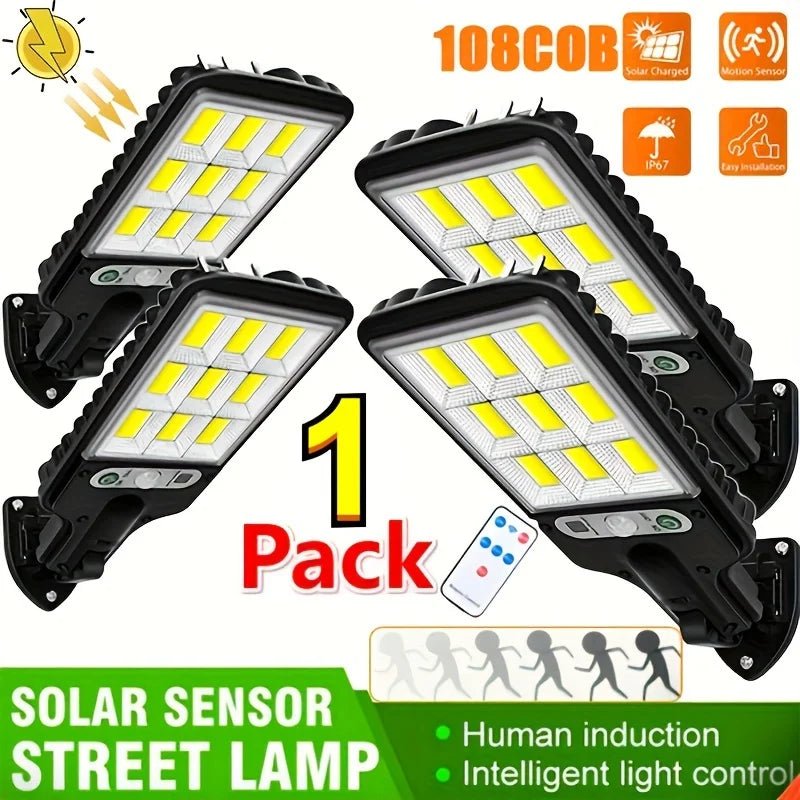 Lámpara Solar de Calle con Sensor y 3 Modos de Luz – 28 SMD/108 COB, Impermeable y Control Remoto para Jardín, Patio y Senderos - Koda Click Chile