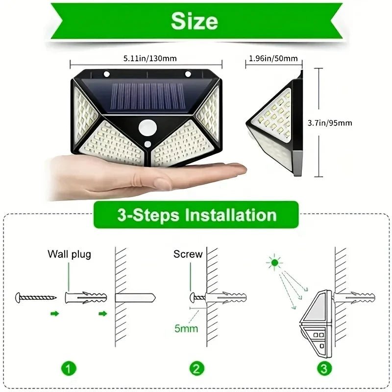 Lámpara Solar de Pared LED Exterior con Sensor de Movimiento – 100 LEDs, Impermeable, Energía Solar, Estilo Farola para Jardín, Patio y Calle - Koda Click Chile