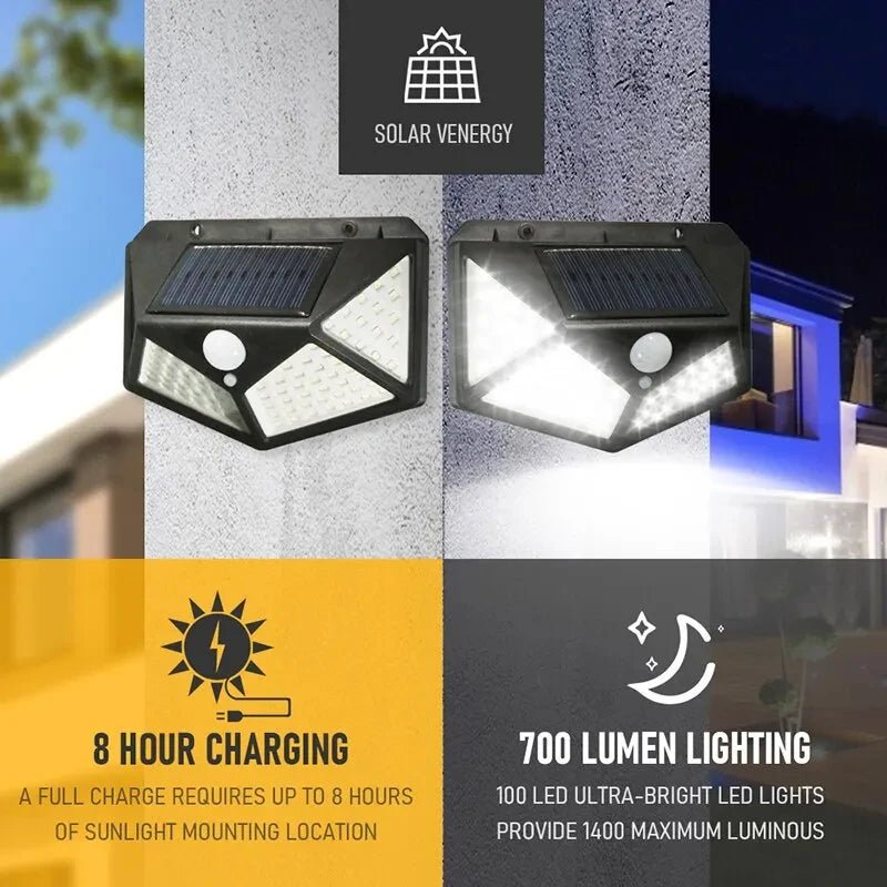 Lámpara Solar de Pared LED Exterior con Sensor de Movimiento – 100 LEDs, Impermeable, Energía Solar, Estilo Farola para Jardín, Patio y Calle - Koda Click Chile