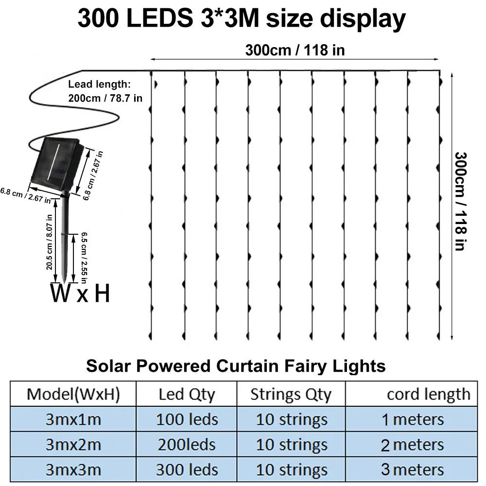 Luces de Cortina Solar LED para Exterior – 300 LEDs, Decoración de Guirnalda para Navidad y Jardín - Koda Click Chile