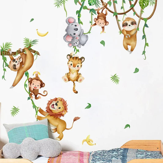 🦁🐒 Stickers de Pared de Animales del Bosque: León, Perezoso, Mono, Ramas y Hojas en Acuarela para Cuarto de Niña, Guardería y Decoración del Hogar - Koda Click Chile